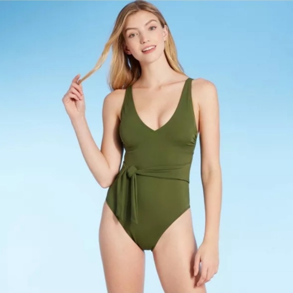 Shade & Shore Palm Plunge-Front Tie-Wrap One-Piece Swimsuit